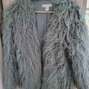 H&M light blueish grey shaggy fur coat
